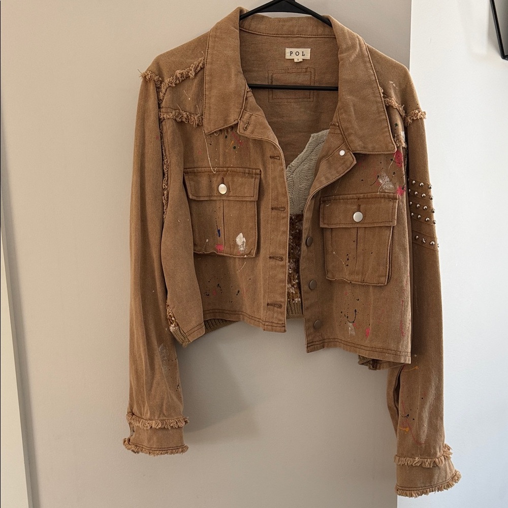 POL Brown Cropped Utility Jacket with Stud Accents and sweater back detail
